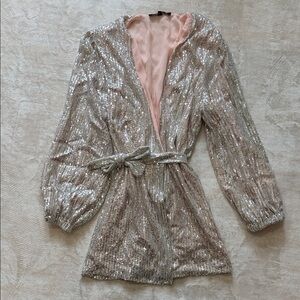 Sequin Silver Mini Dress with Pink Lining and Waist Tie